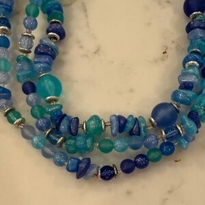 Vintage Elegant Triple Strand Blue and Green Beaded Necklace